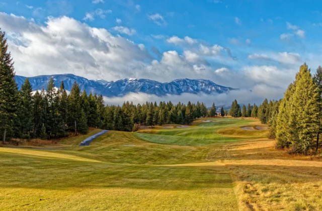 Parcours de golf de montagne, sommets enneigés et pins en arrière-plan.