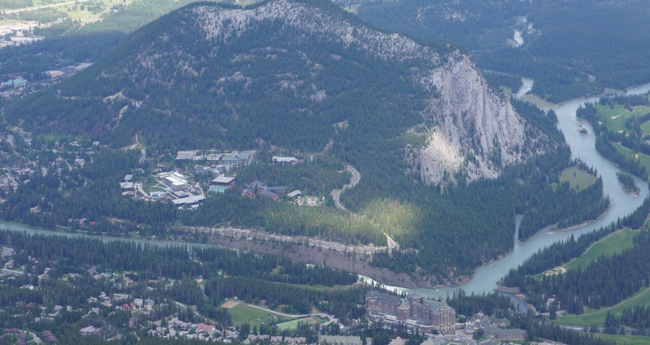 The Banff Springs hotel and golf course beneath the Rocky Mountains.