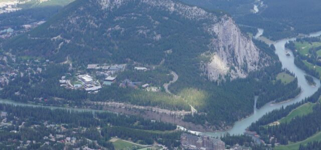 The Banff Springs hotel and golf course beneath the Rocky Mountains.