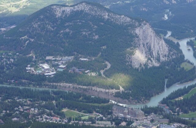 The Banff Springs hotel and golf course beneath the Rocky Mountains.