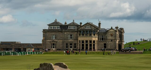 The R&A clubhouse and the Swilcan Bridge on the Old Course at St Andrews.