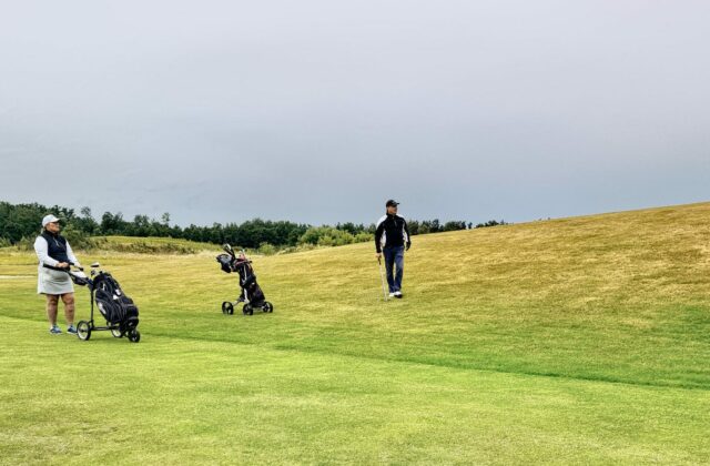 Joueurs et chariots sur un fairway un jour de forte affluence.