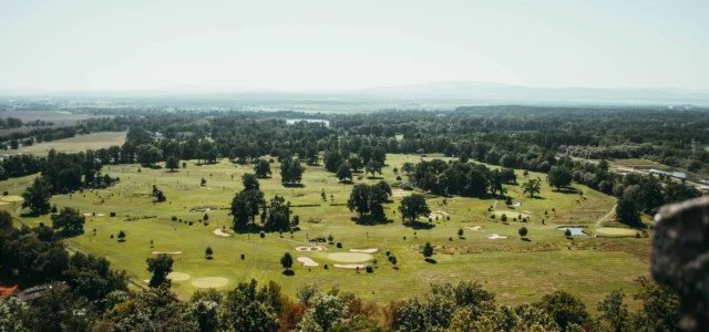 Golfplatz von oben, Grüns, Bunker und Teiche zwischen den Bäumen