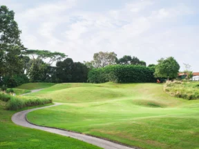 Fairway vallonné et buttes herbeuses sur un parcours de golf