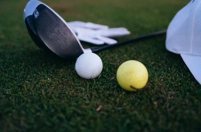 Driver head, ball and glove on the grass