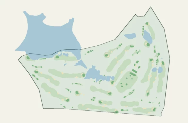 Layout of Bearwood Lakes Golf Club from OpenStreetMap survey data (ODbL licence).